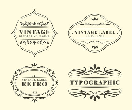 Vintage label frames. Floral borders, leafy scrolls and typographic dividers, ornamental badge shape, monochrome decor elements for packaging, retro branding or invitation. Vector isolated graphic set