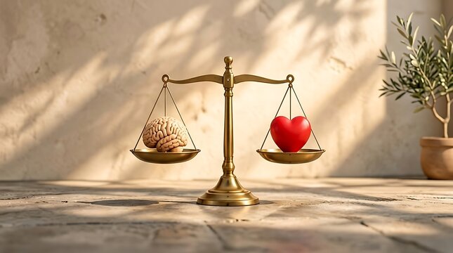 Conceptual 3D rendering of a brass scale perfectly balancing a human brain and a red heart on a rustic stone floor, representing the harmony between logic and emotion or rational thinking.