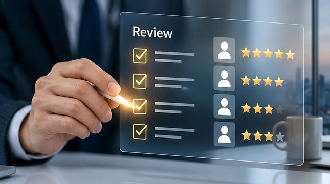 Businessman hand using stylus pen to fill out digital customer review form with checkboxes and star rating on transparent screen interface for business feedback and quality service concept