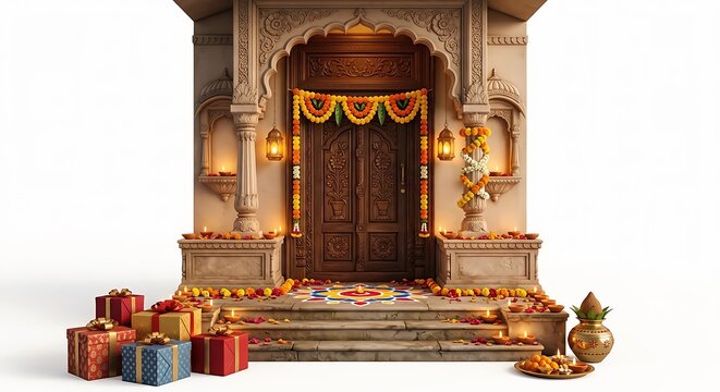An intricately carved indian temple gateway features ornate traditional decorations warmly welcoming people to a deeply sacred and spiritual place of worship