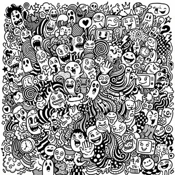 Black and White Hand Drawn Monster Doodle Pattern
