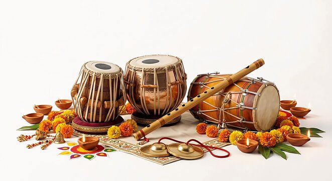 Traditional indian musical instruments including tabla drums and tanpura displayed with colorful marigold flowers on a white background