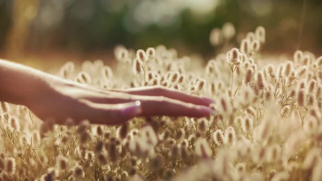 Gently Touching Wild Fluffy Plants In Field. Tactile Connection