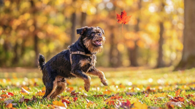 Black and tan Belgian Griffon dog playing with autumn leaf