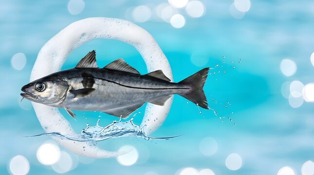 Fish, seafood and jumping through foam ring in blue water for fresh market, healthy eating and marine life. Cod, haddock or pollock swimming with splash, bokeh and creative sustainability goal