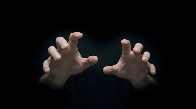 Scary hands reaching and grabbing in dark for horror movie, suspense or thriller concept. Man, fingers and shadows for fear, aggression and criminal act with mystery, terror and dangerous monster