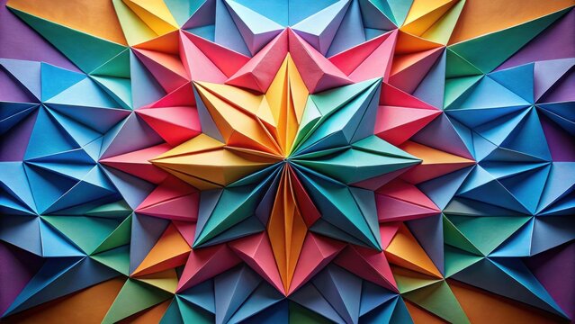 Intricate Colorful Origami-Style Geometric Pattern Featuring a Starburst Design Composed of Vividly Colored Triangular Shapes Arranged in a Symmetrical and Harmonious Composition