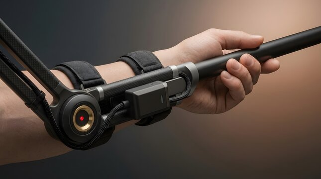 Robotic arm, exoskeleton and prosthetic hand for rehabilitation, future technology or industrial support. Bionic, wearable and mechanical device with carbon fiber, straps and digital sensor control