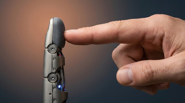 Artificial intelligence, human and robot finger touching for future technology, innovation and high tech connection. Cybernetic, bionic and machinery with skin for science, engineering and visionary