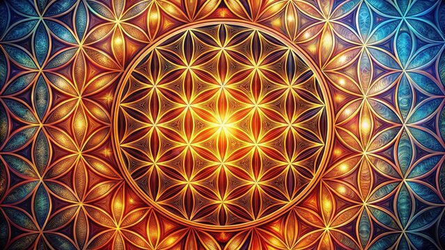 Intricate Sacred Geometry Design A Vibrant Tapestry of Interlocking Flower of Life Patterns in Warm and Cool Hues