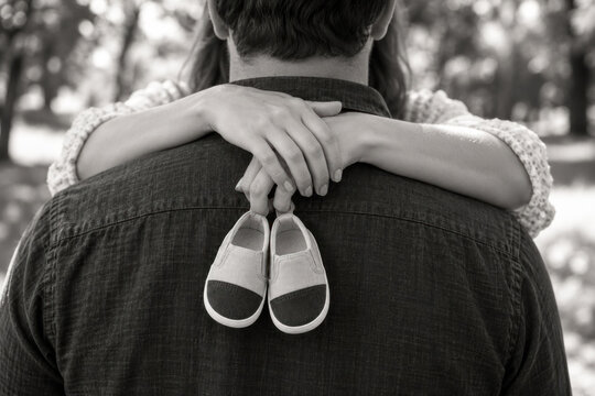 A child rests on a parent's back outdoors, holding small baby shoes over the adult's shoulders. The monochrome image suggests family care and parenthood.
