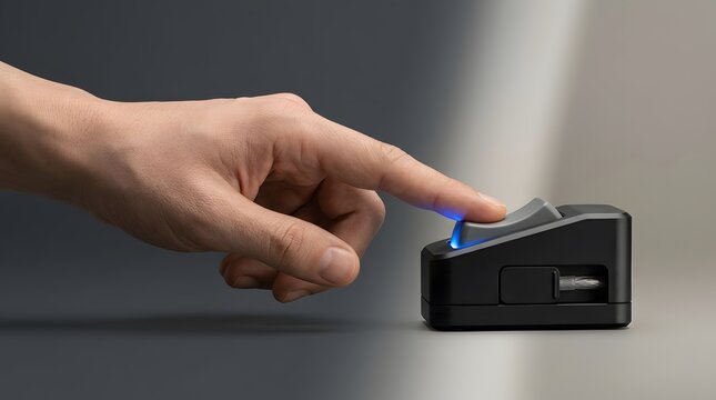 Finger pressing button and power switch on smart device for innovation, security access and electronic control. Technology, manual activation and touch sensor with glowing blue light for future.