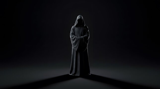 Mysterious hooded figure, monk in dark cloak and spooky character for horror, fantasy and cinematic suspense. Scary ghost, grim reaper and shadow person in studio with copy space for poster art.