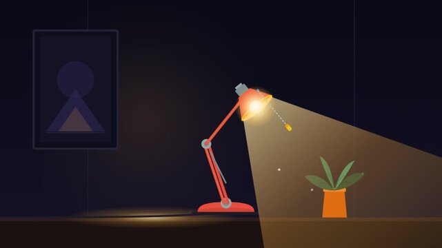 Minimalist vector illustration of a desk lamp illuminating a small potted plant at night.