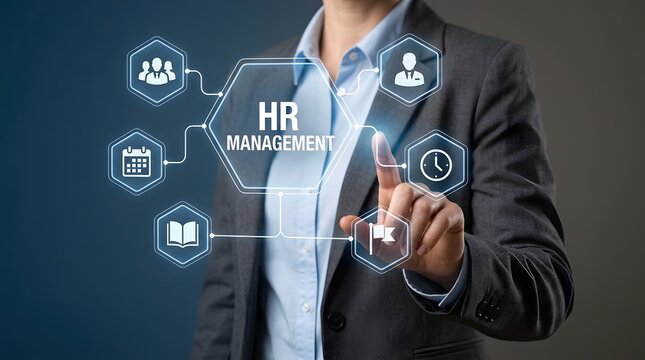 HR management, business and woman with digital interface for recruiting, talent acquisition and human resources. Corporate, office and technology with people icons, strategy and organization work