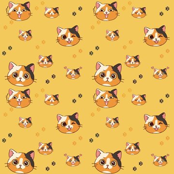 Cute calico cat expressions seamless pattern vector on yellow background