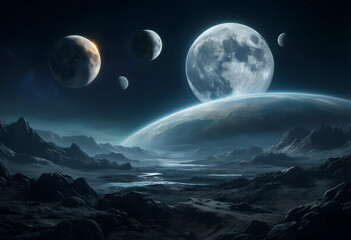 Fototapeta premium Space exploration and astronomy, alien planet landscape with multiple moons and craters in a dark cosmic galaxy for science fiction and future travel