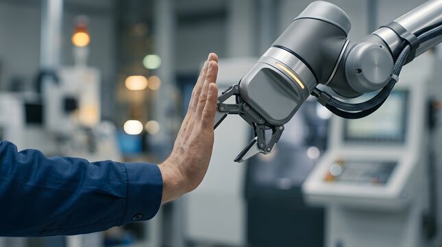 Industrial robot, human and hand in factory for automation, future technology and smart manufacturing. Collaborative worker, machine and touch with mechanical engineering, production and safety skill