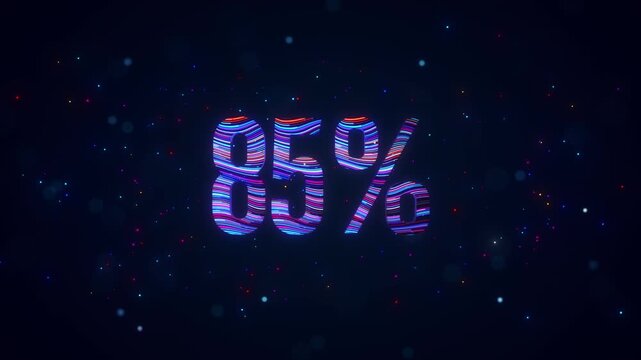 3D animation of futuristic 85 percent typography featuring rotating colorful blue and purple flowing lines, glowing particles, luminous bokeh, and vibrant digital energy against dark background.