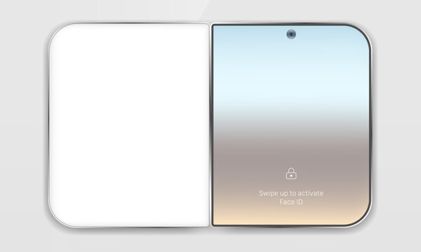 Foldable smartphone mockup vector with blank display screen and face ID lockscreen
