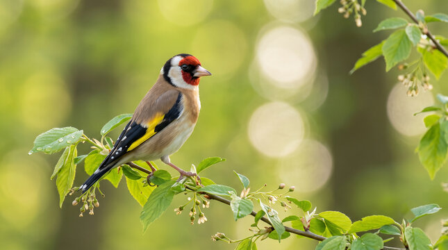 European Goldfinch Perched on Fresh Green Branch in a Soft Spring Woodland