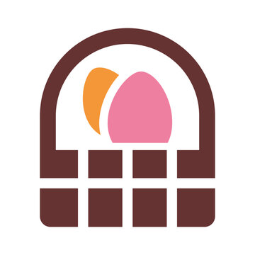 Basket with colored eggs icon, traditional Easter symbol, cute spring illustration