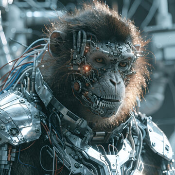 realistic portrait of a scifi cyberpunk monkey