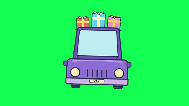 Purple car carrying gift boxes on its roof