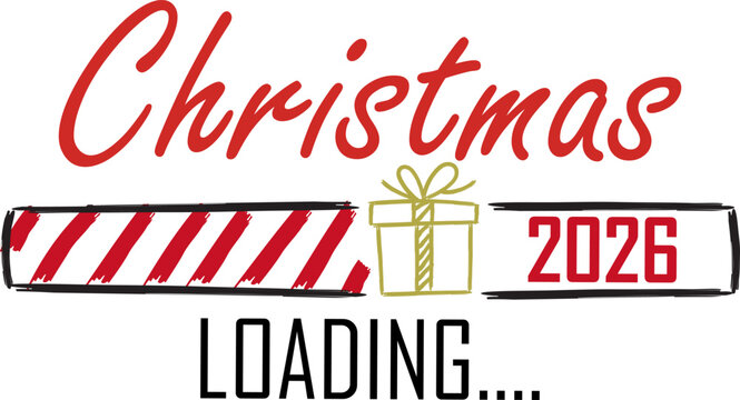Christmas 2026 loading vector illustration with progress bar gift box and red cursive calligraphic typography