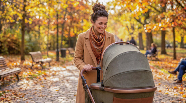 Young mother walking with a baby stroller in autumn park