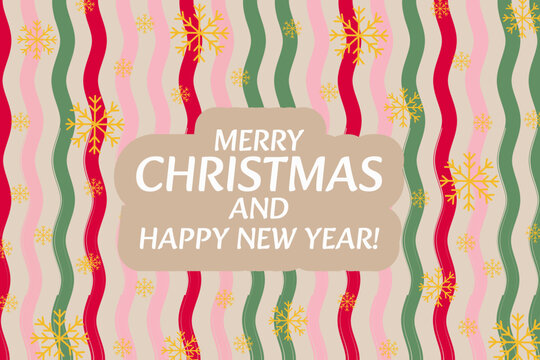 Merry Christmas and Happy New Year greeting card banner vector design with wavy stripes and golden snowflakes background