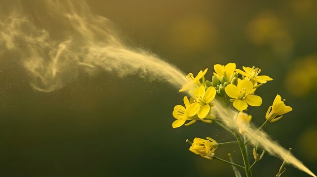 Pollen allergy, flower and spring field with rapeseed plant, dust cloud and nature. Allergy season, blooming garden and environmental science with yellow flowers, health issues and hay fever care