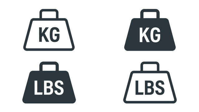 Weight measurement icons set featuring kilogram and pound symbols in simple vector graphic style
