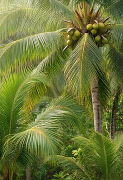 Tropical vacation and summer travel, coconut palm tree with green fruits in sunny jungle forest for exotic holiday destination and nature background