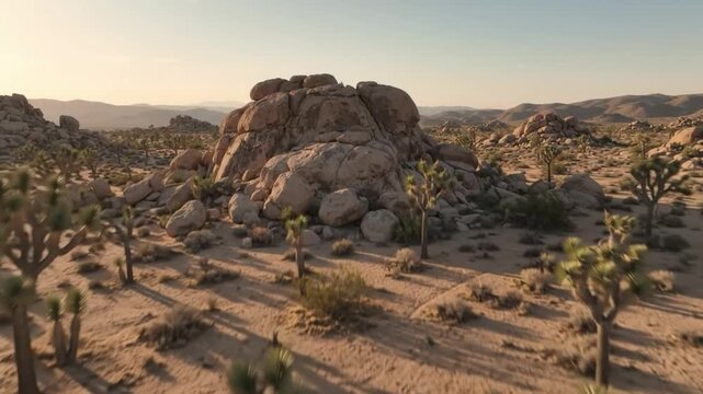 Aerial drone view of joshua tree national park desert landscape at sunset with iconic rock formations and yucca trees