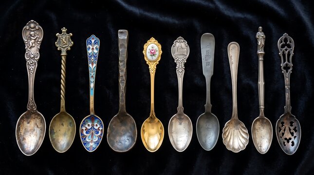 Collection of vintage decorative souvenir spoons arranged in a row on
