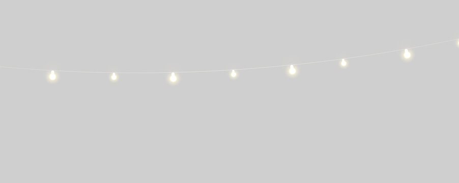 Soft yellow string lights with gentle glow on a light transparent PNG background