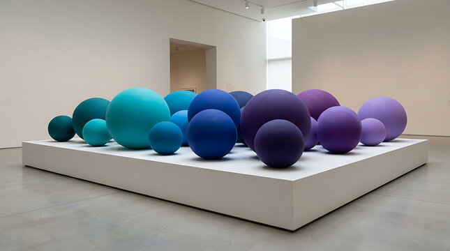 Abstract art installation of multi-colored spheres on a white platform in a modern art gallery