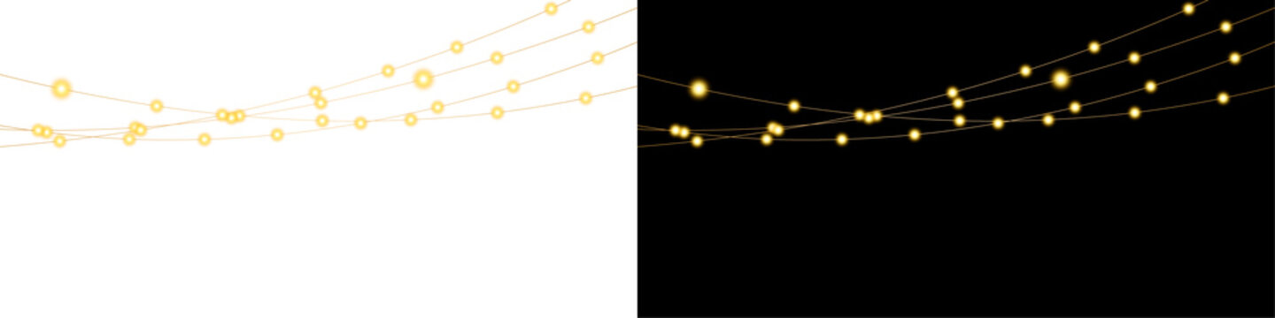 Warm yellow glowing Christmas string lights on transparent background