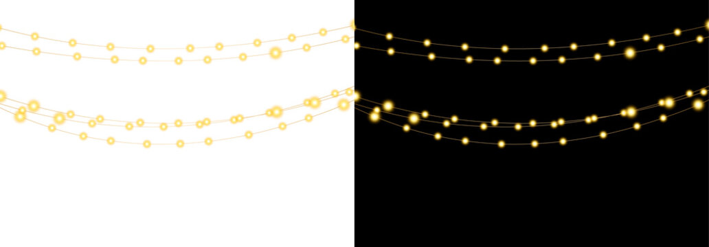 Warm yellow glowing Christmas string lights on transparent background