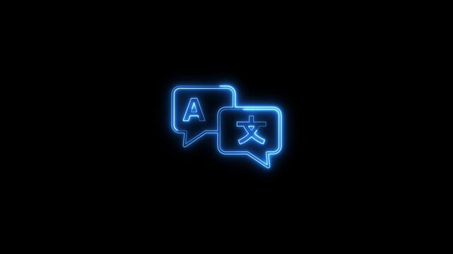 Neon language translation animation: glowing speech bubbles for global communication and tech concepts