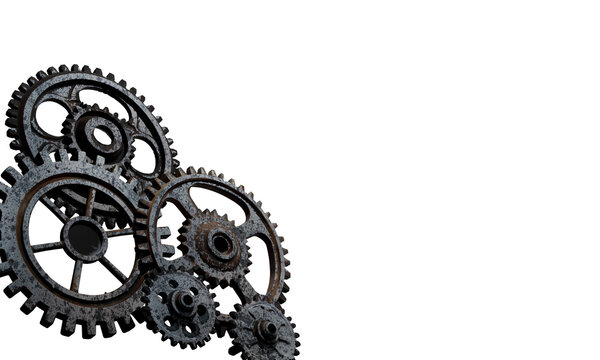 Black Metal Gears and Cogwheels Mechanism on Gray Background &ndash; Industrial 3D Illustration