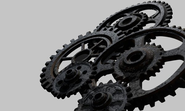 Black Metal Gears and Cogwheels Mechanism on Gray Background &ndash; Industrial 3D Illustration