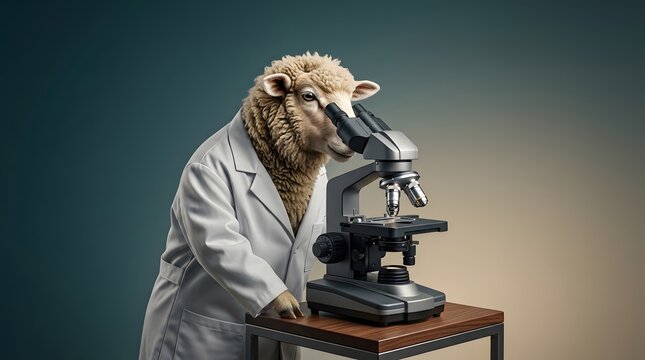 Sheep, science and microscope in laboratory with researcher, expert and analysis. Professional animal, medical student and biotechnology for innovation, genetics and study. Discovery, tool and wool