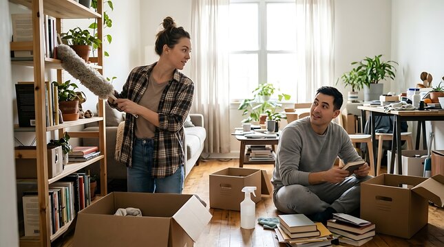 Young couple packing cardboard boxes while moving into a new apartment together during the day