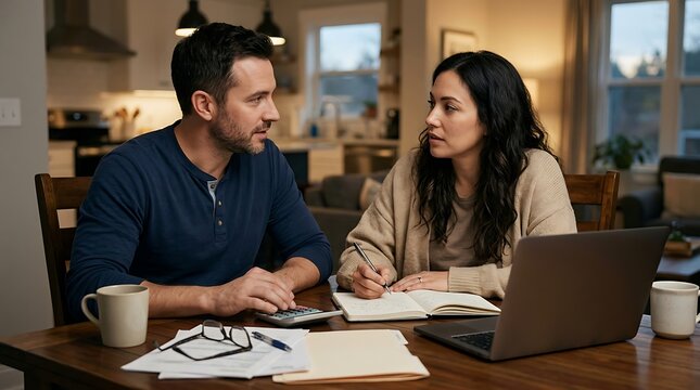 A couple sitting at a wooden dining table discussing their household finances and paying bills together