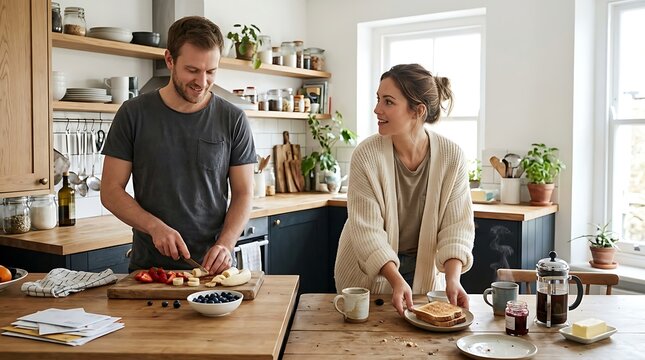 Happy young couple preparing breakfast together in a bright modern kitchen with wooden countertops