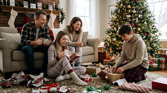 Happy family in pajamas opening christmas presents together in a cozy living room with decorated tree