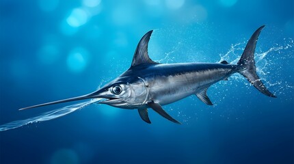 Obraz premium Marlin fish jumping in blue ocean water for sports fishing and marine wildlife photography. Sea animal, billfish and aquatic nature with predator, salt water, splash and wave for hobby and leisure