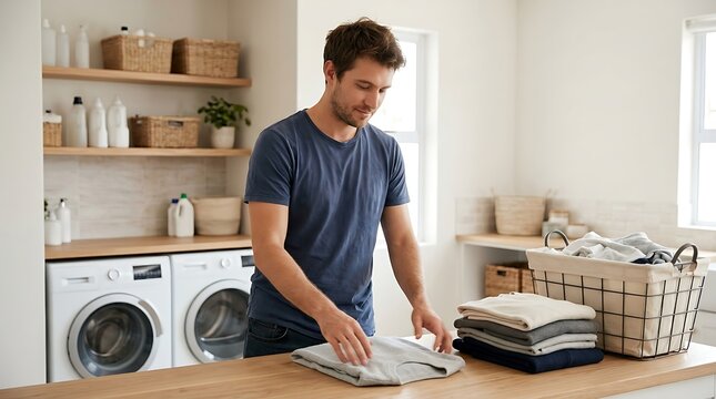 A young man folding clean laundry in a bright and modern home laundry room interior